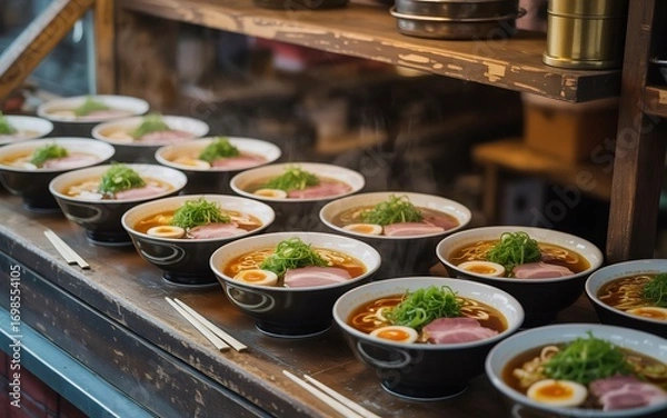 Fototapeta A row of delicious ramen bowls with broth, noodles, meat, and egg, ready to be served at a restaurant