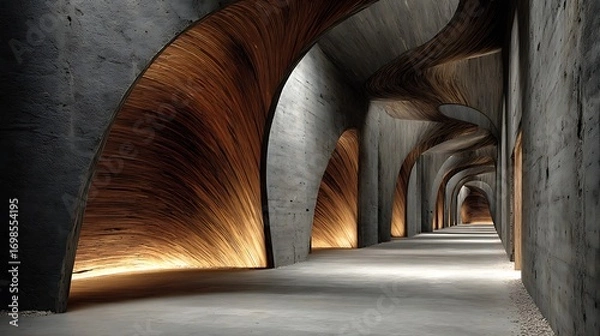 Fototapeta A long, arched concrete hallway with undulating wooden interior surfaces and warm, indirect lighting creating a dramatic and modern architectural space.