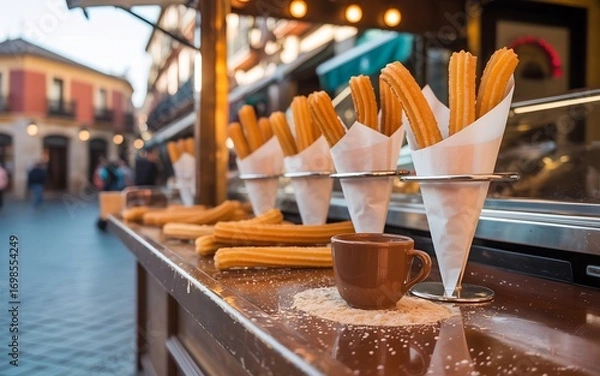 Fototapeta Churros served in paper cones with a small cup of dipping sauce on a wooden counter at a street food stall