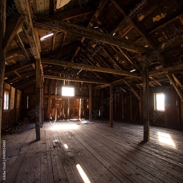 Obraz Empty, sun-drenched wooden barn interior