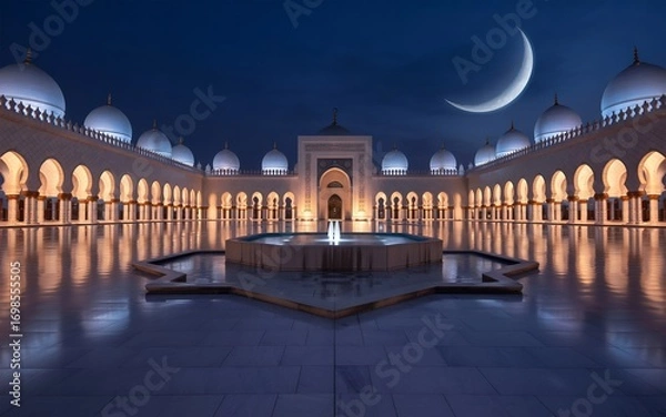 Fototapeta Grand mosque with domes and minarets at night under a crescent moon, reflecting in the courtyard pool