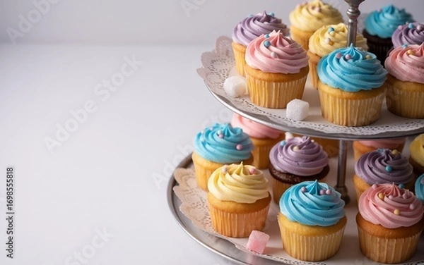 Fototapeta A tiered silver stand displaying an assortment of colorful cupcakes with swirled frosting and sprinkles, set against a white background