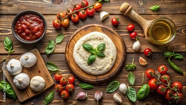 Fototapeta Artisan Flatbread Preparation Rustic Wooden Tabletop Featuring Dough, Tomatoes, Garlic, Basil, and Olive Oil