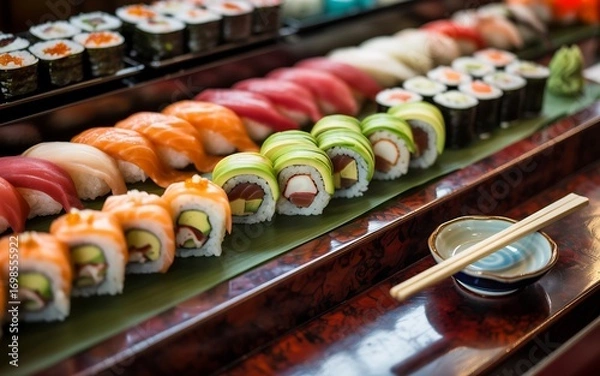 Fototapeta A long platter filled with a variety of sushi rolls and nigiri, featuring salmon, avocado, and tuna, with chopsticks and soy sauce dish