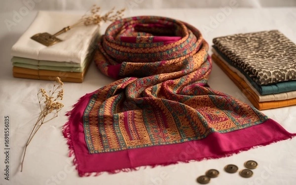 Fototapeta A colorful patterned scarf is elegantly draped over a stack of folded fabrics, with dried flowers and coins adding decorative accents