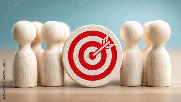 Fototapeta Bullseye with arrow among team figures, demonstrating target market focus strategic alignment and successful positioning.

