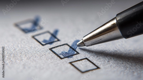 Fototapeta A pen ticking boxes on a checklist communicates task completion and accountability, reinforcing planning, progress tracking and productivity.
