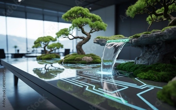 Fototapeta Modern office interior with bonsai trees and a futuristic waterfall on a table with circuit patterns