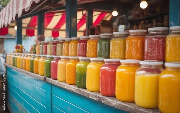 Fototapeta Row of colorful fresh juice in glass jars on a wooden counter at a market stall