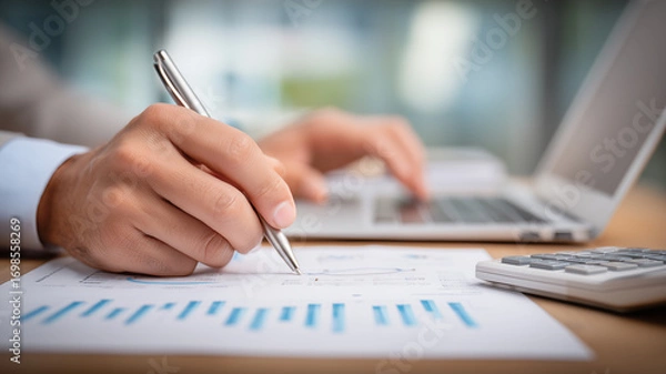 Fototapeta Hand reviewing reports beside a laptop and calculator illustrating financial analysis budgeting and accurate business decision making for sustainable growth.

