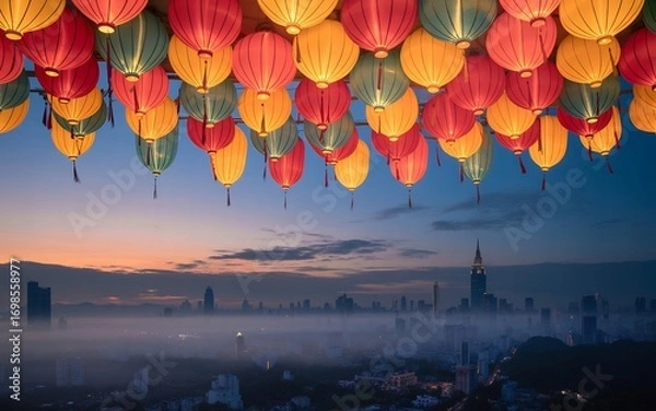 Fototapeta Vibrant and colorful sky lanterns float gracefully above a misty cityscape at dusk, creating a magical ambiance