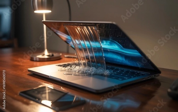 Fototapeta Water pouring from a laptop screen onto a keyboard, symbolizing data loss or a system overload
