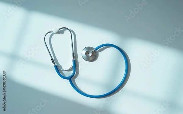 Fototapeta A blue stethoscope lies on a white surface with soft shadows cast across it
