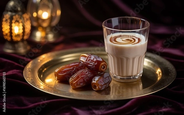 Fototapeta A glass of milk with a swirl of caramel sits on a brass plate with dates