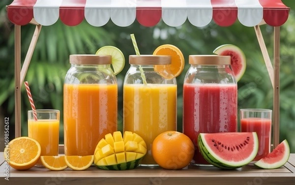 Fototapeta Assortment of fresh fruit juices in glass jars with fruit slices and whole fruits on a wooden table