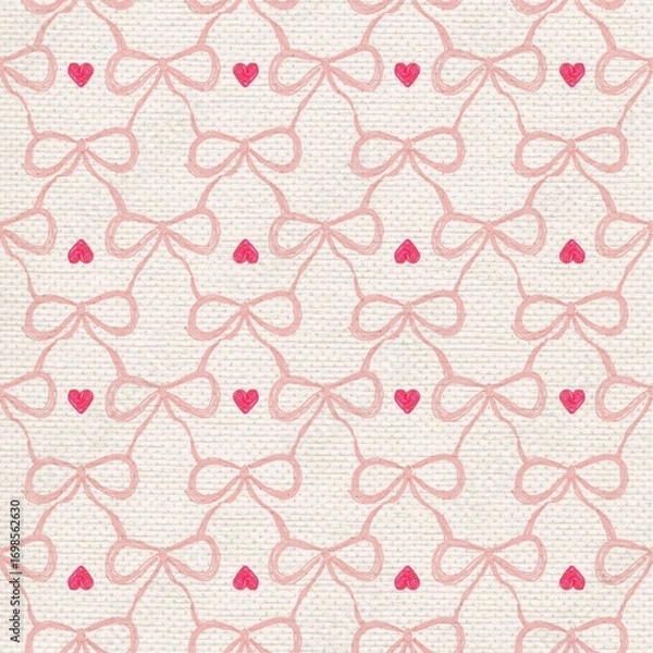 Fototapeta Seamless Pink Bow and Heart Pattern on Fabric Texture Cute Romantic Kawaii Background