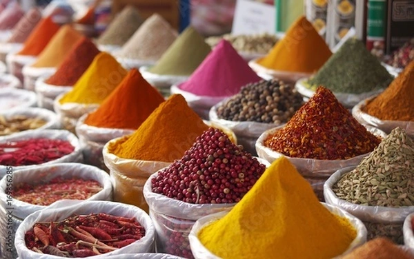 Fototapeta Colorful piles of ground spices and whole spices in bowls at an indian spice market