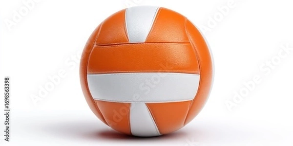 Obraz A vibrant orange volleyball rests on a stark white surface. The ball features bold white stripes diagonally across its surface, creating a visually striking pattern. The lighting is bright and even, 