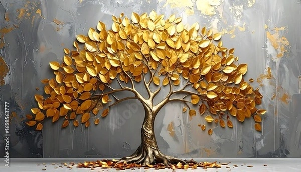 Obraz Golden tree sculpture on a textured wall