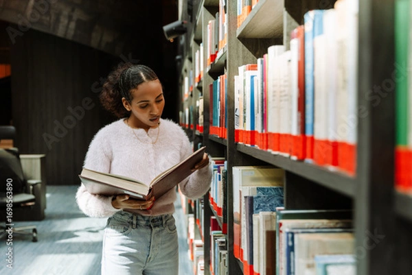 Fototapeta A female student is reading a book that she is holding in her hands while standing by the bookshelves