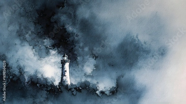 Fototapeta Watercolor painting of a lighthouse in a stormy sea with dark clouds background.