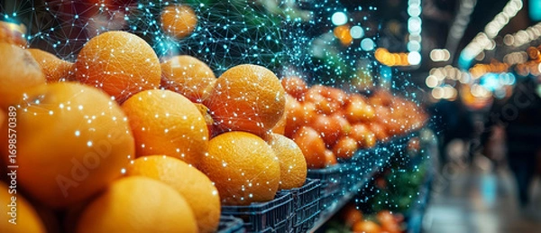 Fototapeta Vibrant oranges stacked in a market display, surrounded by a colorful array of fruits, conveying freshness and abundance. Perfect for articles on healthy eating and food shopping.