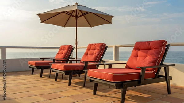 Obraz Beachside Terrace with Lounge Chairs and Umbrella