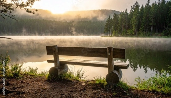 Fototapeta Rustic wooden bench by a calm lake surrounded by pine trees, misty morning atmosphere