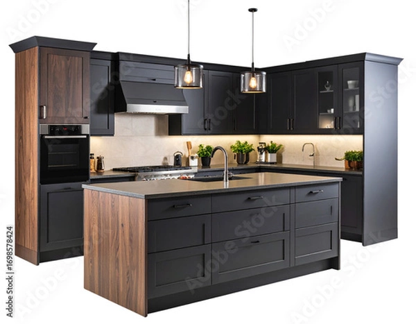 Fototapeta Island Kitchen with Dark Oak Cabinets and Integrated Cooktop, Angled Side View on Transparent Background