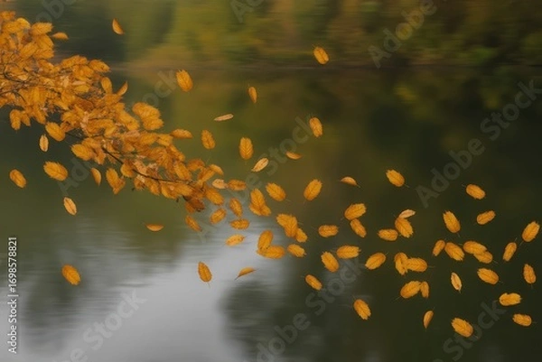 Fototapeta Autumn leaves falling from a tree branch into the water of a lake