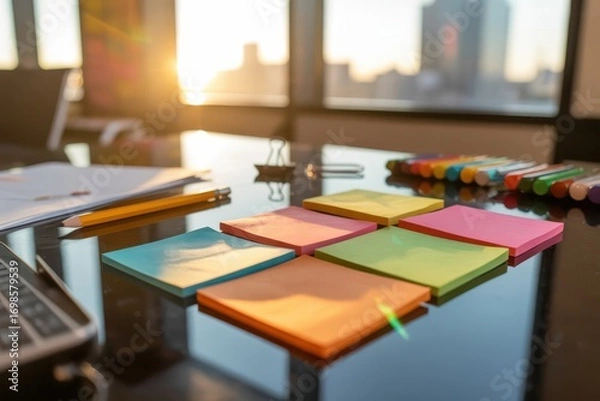 Fototapeta Colorful sticky notes on a desk with sunlight coming through the window