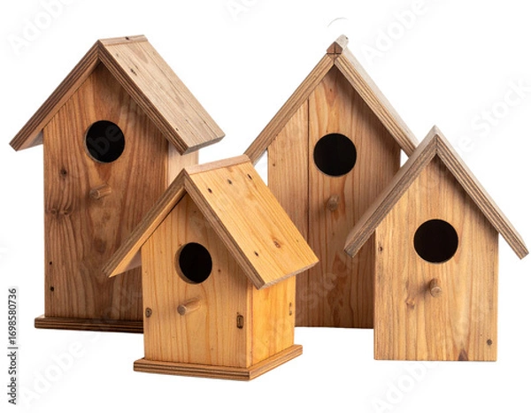 Fototapeta Assorted Vintage-Style Birdhouses with Varied Roof Designs, Angled Side View, White Background