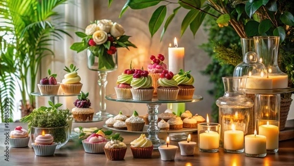Fototapeta A delectable display of miniature cakes and lit candles arranged on tiered stands, complemented by lush greenery and elegant glass candle holders.