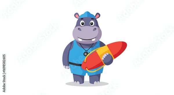 Fototapeta Cartoon lifeguard hippo holding a red and yellow float
