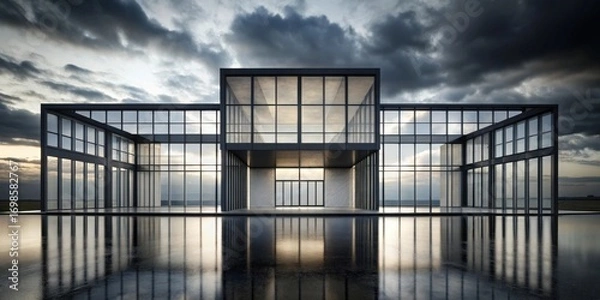 Fototapeta Modern Architectural Design A Glass and Steel Structure Reflecting in a Still Pool Under a Dramatic Sky