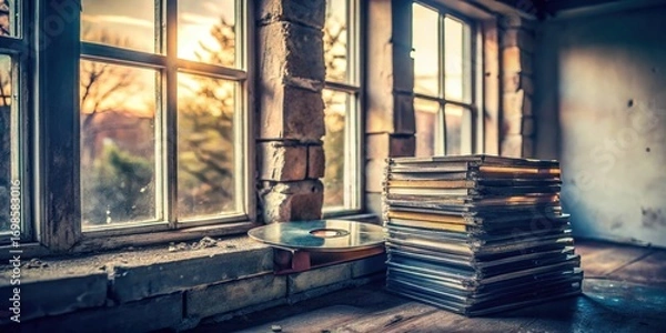 Fototapeta Dusty Window, Stacked Discs, and a Single Record in a Sunlit Room