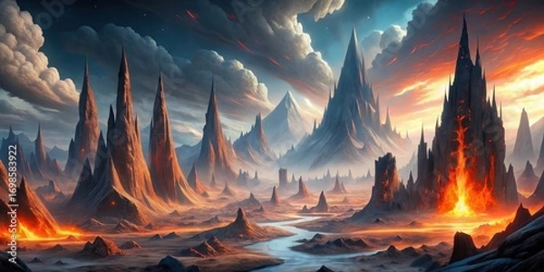 Fototapeta A fiery sunset illuminates a surreal landscape of jagged, volcanic peaks and a meandering river, creating a breathtaking vista of otherworldly beauty.