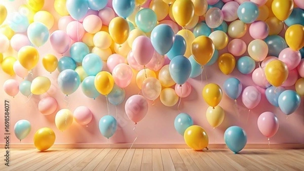 Fototapeta A Festive Array of Pastel Balloons Adorning a Room's Wall, Creating a Joyful and Playful Atmosphere