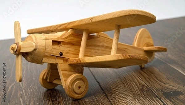 Fototapeta Wooden biplane model with stacked wings, propeller, and detailed struts rests on a wooden surface—showcasing handcrafted design, aviation nostalgia, and artisanal craftsmanship.