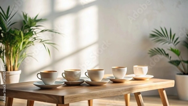 Fototapeta Sunlight Illuminates a Wooden Table with Four Cups of Coffee and Lush Greenery