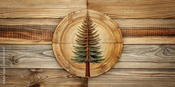 Fototapeta Wooden Cross-Section Featuring a Coniferous Tree Depicted in the Center Against a Rustic Wooden Background