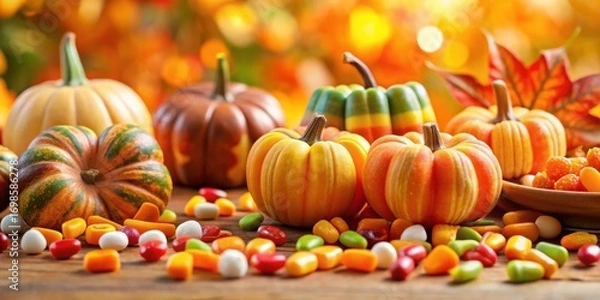 Fototapeta Autumnal Still Life Featuring Miniature Gourds and Assorted Candies on Rustic Wooden Surface