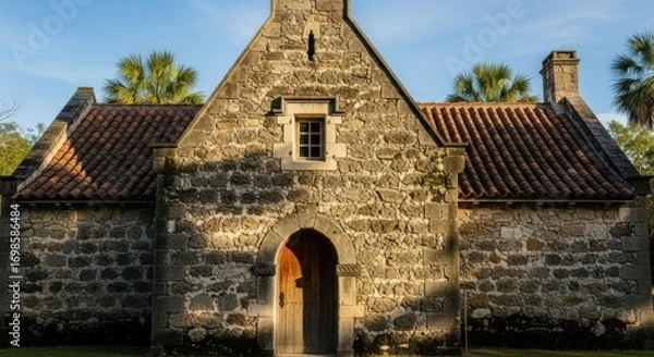 Fototapeta Historic Stone Chapel with Red Tiled Roof Surrounded by Palm Trees Under Blue Sky