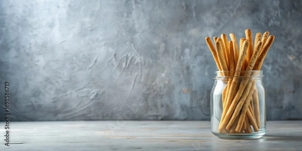 Fototapeta A glass jar filled with crunchy breadsticks rests on a rustic surface against a textured backdrop