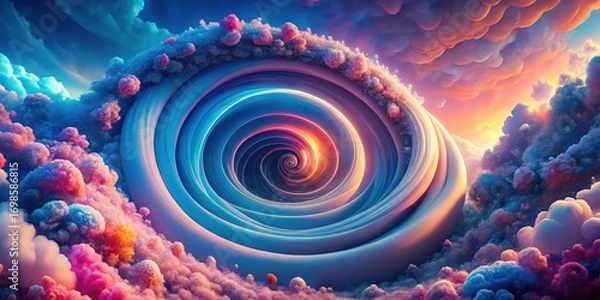 Fototapeta A mesmerizing spiral vortex descends into a vibrant dreamscape, encircled by fluffy, pastel clouds and crystalline formations, a breathtaking scene of ethereal beauty and celestial wonder.