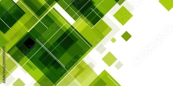 Obraz A dynamic abstract background features a complex arrangement of overlapping green and white geometric shapes. Rectangular blocks of varying sizes and shades of green ?