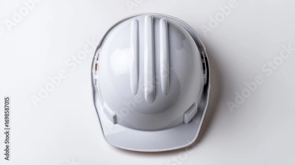Obraz A white construction helmet rests squarely on a white surface, photographed from a directly overhead perspective. The helmet?s design features a contoured shell with vertical ventilation slots. 