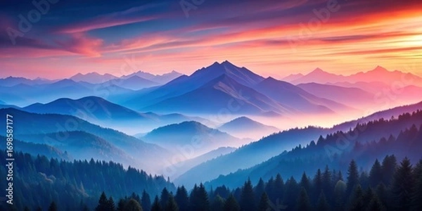 Fototapeta Serene Mountain Panorama at Dawn Layers of Misty Peaks and Verdant Forests Bathed in Warm Sunset Hues