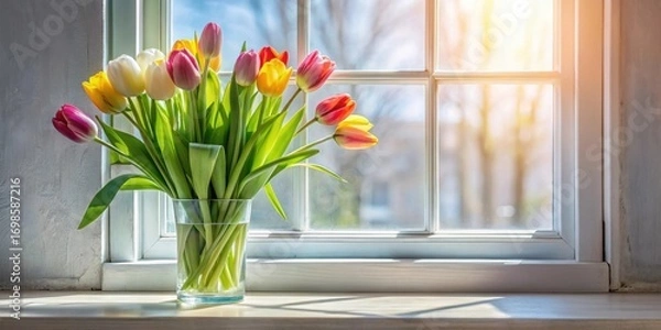 Fototapeta A vibrant bouquet of spring tulips in a clear glass vase sits on a sunlit windowsill, bathed in the warm glow of the morning sun.