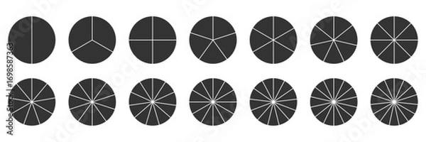 Fototapeta Pie chart black icon set. Circle section graph. Infographic wheel segment. Segmented Round diagram. Divided circle on 2 3 4 5 6 7 8 9 10 11 12 13 14 15 parts. Simple minimal Piechart silhouette
